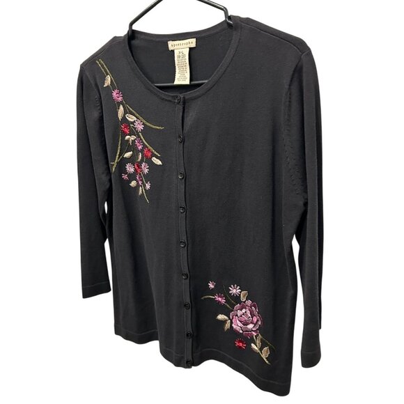 Apostrophe Womens 3D Flower Embroidered Black Cardigan Sweater Sz XL - Picture 3 of 8